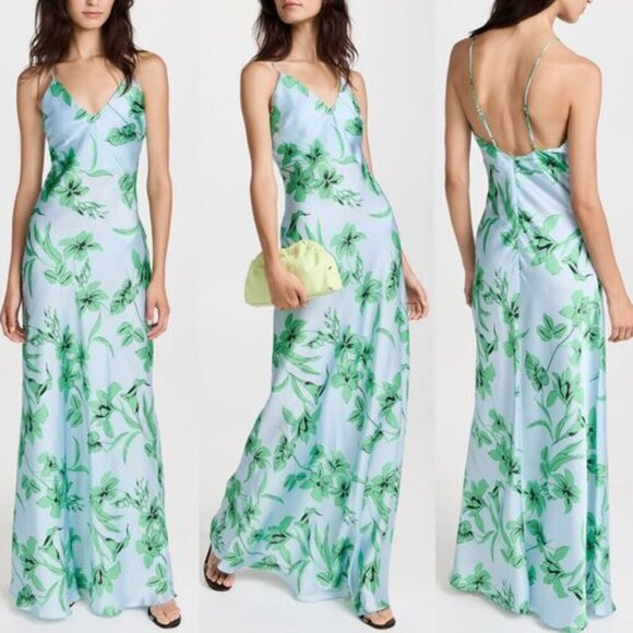 Ramy Brook Rowe Maxi Dress Floral Blue Green Satin V Neck Size 2 - Picture 1 of 7